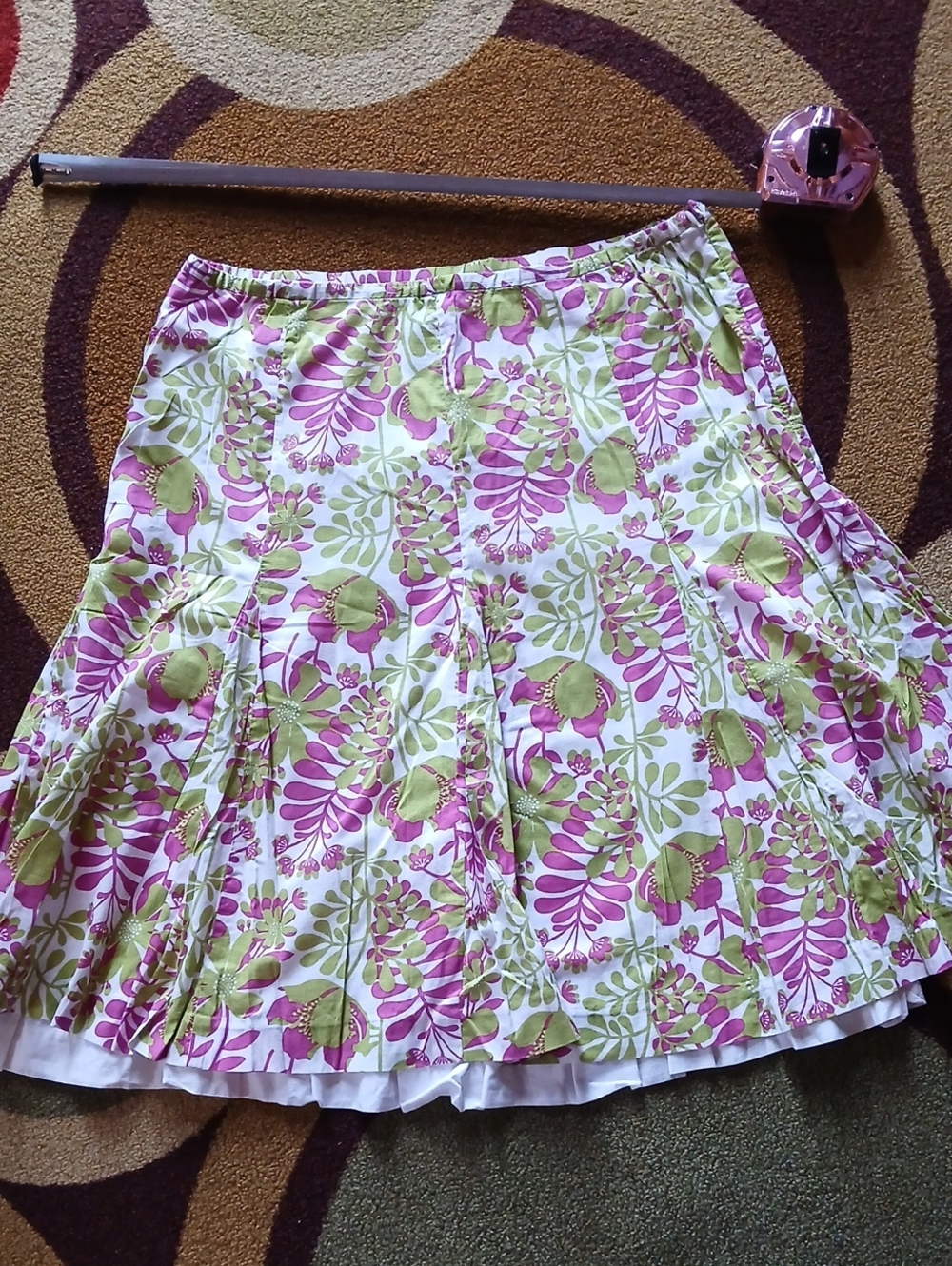 Garnet Hill Cotton Floral A-Line Skirt in Pink & Green W/ White Slip